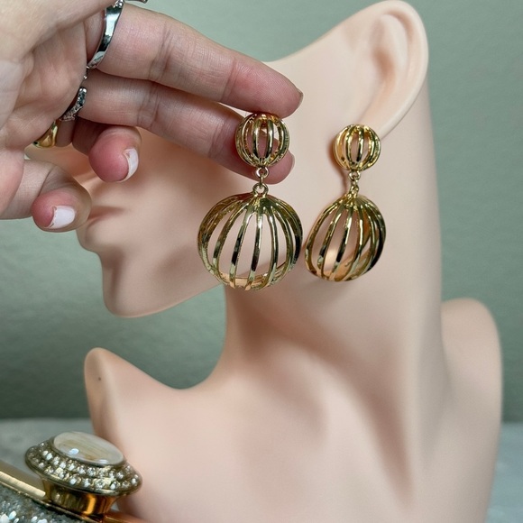 Gold Spherical Drop Earrings - Picture 6 of 8